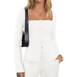 ZESICA Women's Fall Square Neck Blazers 2026 Casual Long Sleeve Button Up Work Business Fitted Blazer Jackets (Large, Cream)