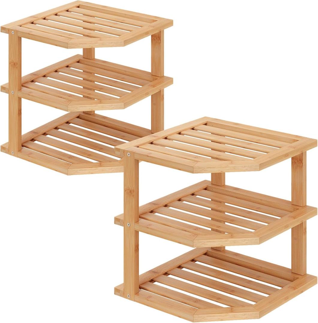 3 Tier Bamboo Corner Shelf, Dish Drying Rack, Plate Organizer, Kitchen Spice Rack for Countertop and Cabinet (Natural), 2 Pack