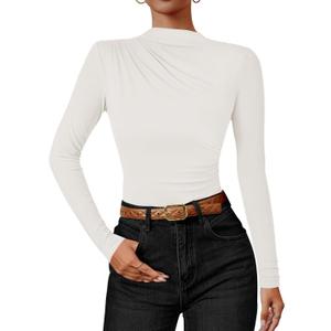 ZESICA Women's Long Sleeve Tops Mock Neck Ruched Tight Shirts 2026 Spring Trendy Outfits (White, XL)