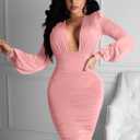 GOBLES Women's Sexy Long Sleeve Deep V Neck Ruched Bodycon Cocktail Party Midi Dress (Pink, M)