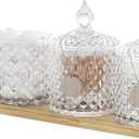 3 Pack Glass Qtip Holder Dispenser with Tray and Tag, Apothecary Jars with Lid, Bathroom Canisters for Storage Organizer for Cotton Swabs, Balls, Pads, Floss Picks, Candy, Jewelry (Clear, 10oz  3)