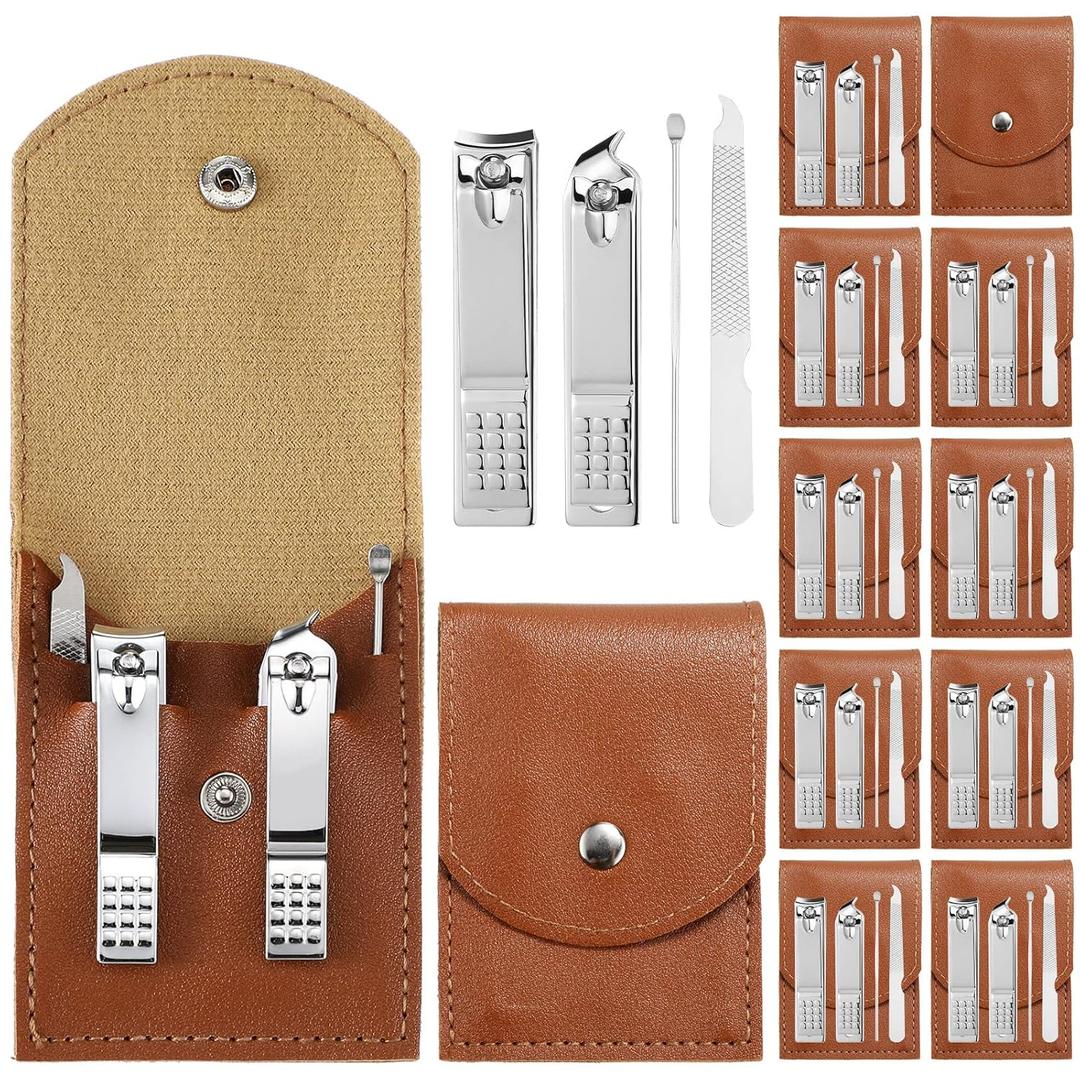 Geosar 12 Sets Manicure Set Bulk Nail Clippers Pedicure Kit Stainless Steel Professional Pedicure Grooming Kits Nail Care Tools with Travel Case for Men Women Hands Foot(Brown)