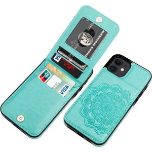 Vaburs Compatible with iPhone 12 and iPhone 12 Pro Case with Wallet Card Holder,Embossed Mandala Pattern Flower PU Leather 4 Card Slots Kickstand Shockproof Flip Cover 6.1 Inch(Green)