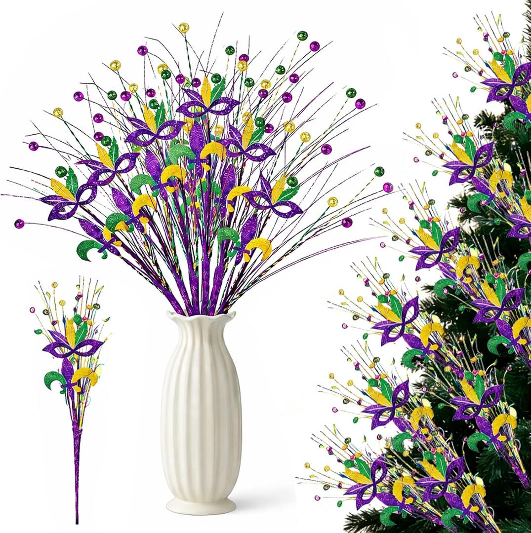8 Pcs Glitter Floral Picks for Mardi Gras Decor, 17 Inch Purple Green Gold Fleur-de-Lis Floral Picks for Table Centerpieces, Vase Filler, Tree & Party Decorations