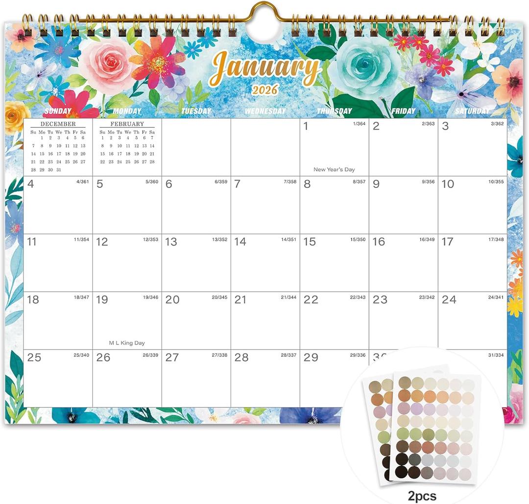 8 x Calendar 2026-18 Monthly Wall Calendar, January 2026 - June 2027, 8.5" x 11", Calendar 2026-2027 with Twin-Wire Binding, Hanging Hook, Blocks and Julian Dates (Watercolor Wall Calendar)