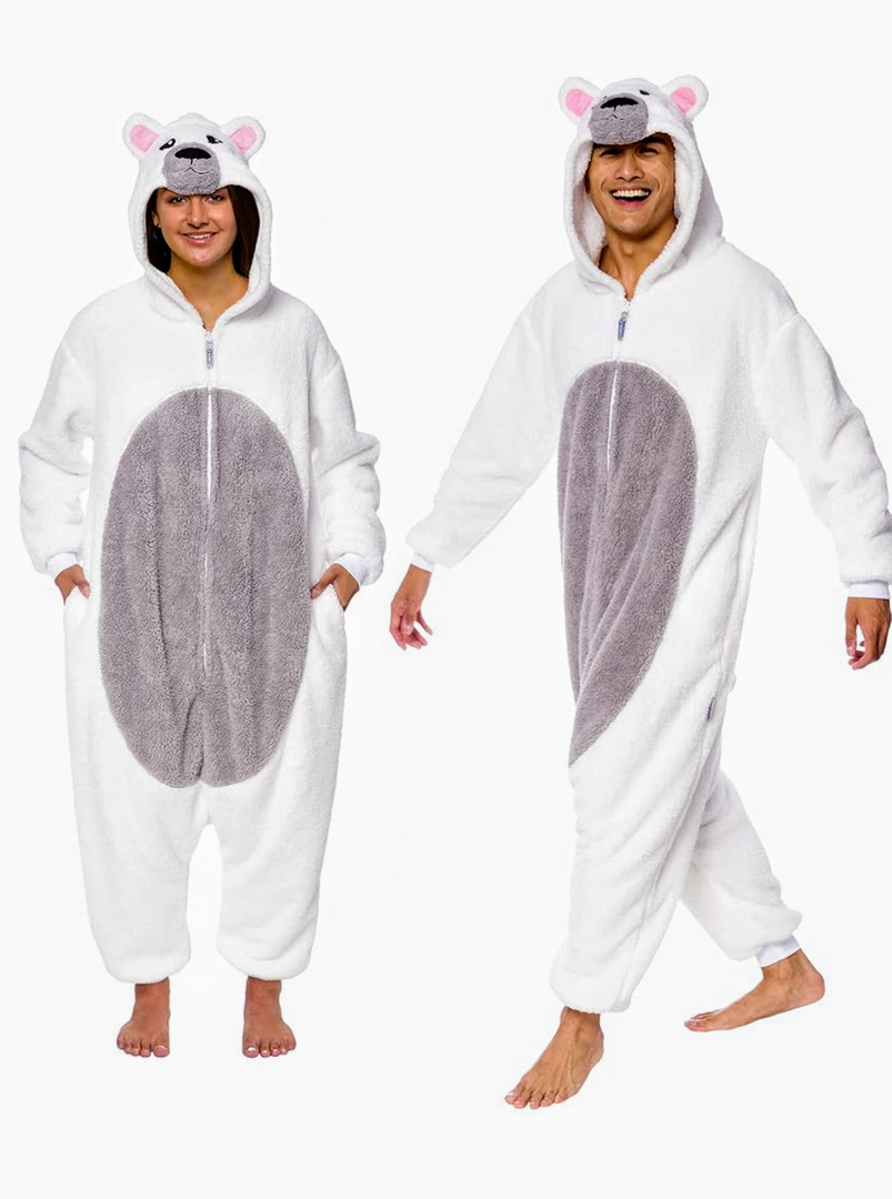 Funziez! Sherpa Bear Adult Onesie - Animal Halloween Costume - Plush Teddy One Piece Cosplay Suit for Adults, Women and Men, XL