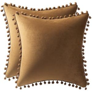 DEZENE Throw Pillow Cases 18x18 Golden Brown: 2 Pack Cozy Soft Pom-poms Velvet Square Decorative Pillow Covers for Farmhouse Home Decor