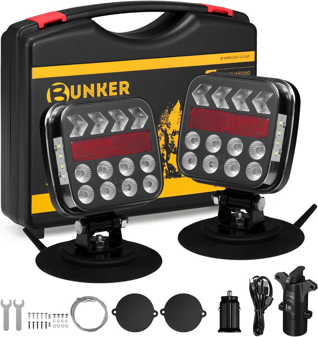 BUNKER INDUST Wireless Trailer Lights Kit, Adjustable Magnetic Towing Lights with Brake Turn Reverse Strobe Side Number Plate Light for Trucks, Boat, RV, Vehicle, Caravan (Model 1)