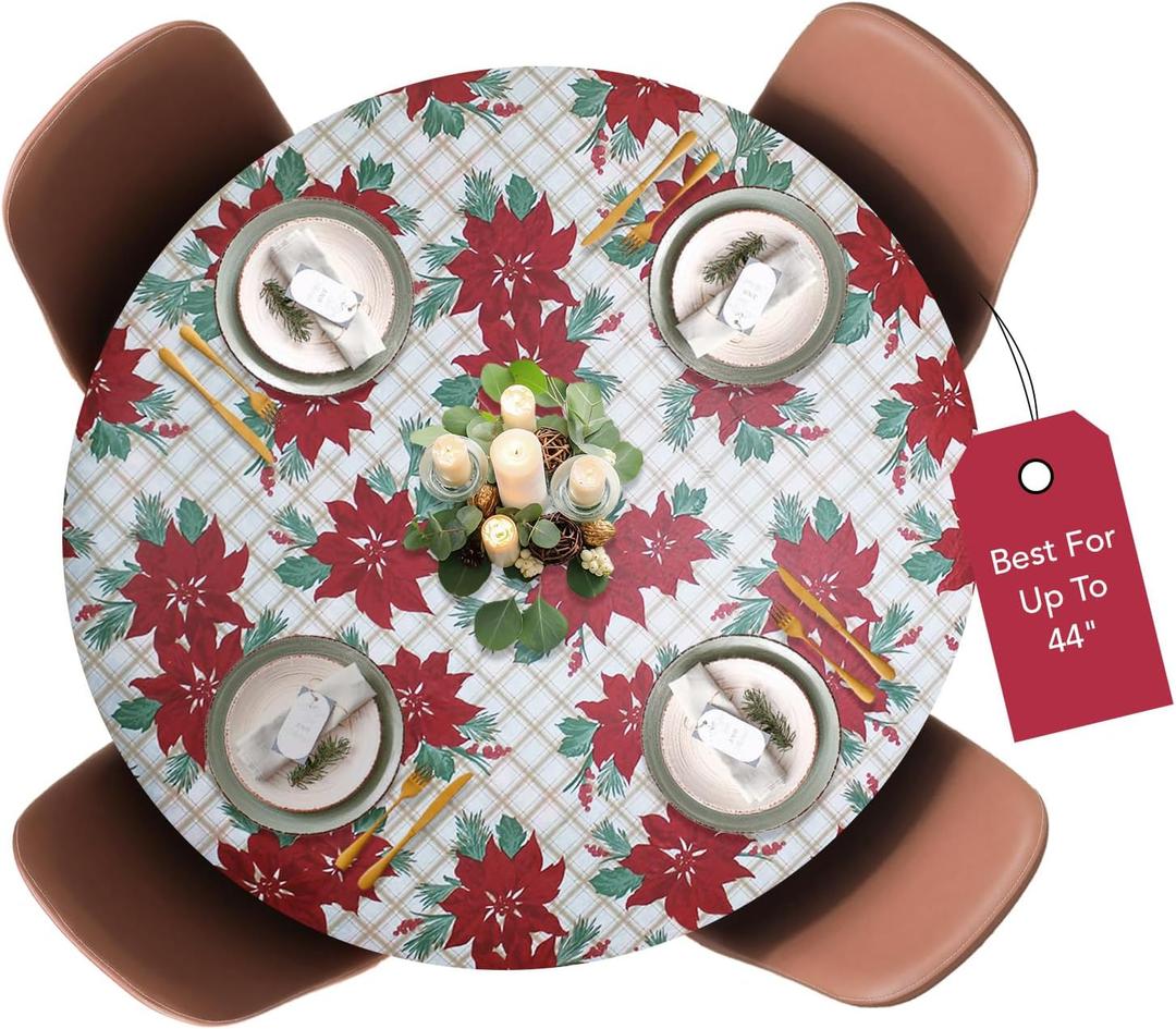 Covers For The Home Deluxe Elastic Edged Flannel Backed Vinyl Fitted Table Cover - Christmas Flower Pattern - Small Round - Fits Tables up to 40" - 44" Diameter