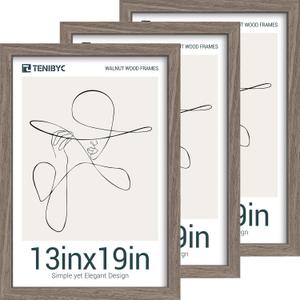 13x19 Walnut Picture Frame Set of 3 with HD Glass- Natural Brown, Solid Wood Poster Frame, Wall Hanging