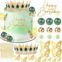 AMZVALU Crown Cake Topper, Green & Gold Crown Balls Happy Birthday Cake Toppers Candles Butterfly, Corona Para Pastel, Crown Cake Decoration for Women Queen Princess Party Wedding (Gold, Green)