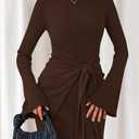 Dowerme Women's Casual Mini Dress 2026 Bell Long Sleeve Boat Neck Tie Waist Bodycon Dresses Knitted Party Fall Outfits (Brown, XXL)