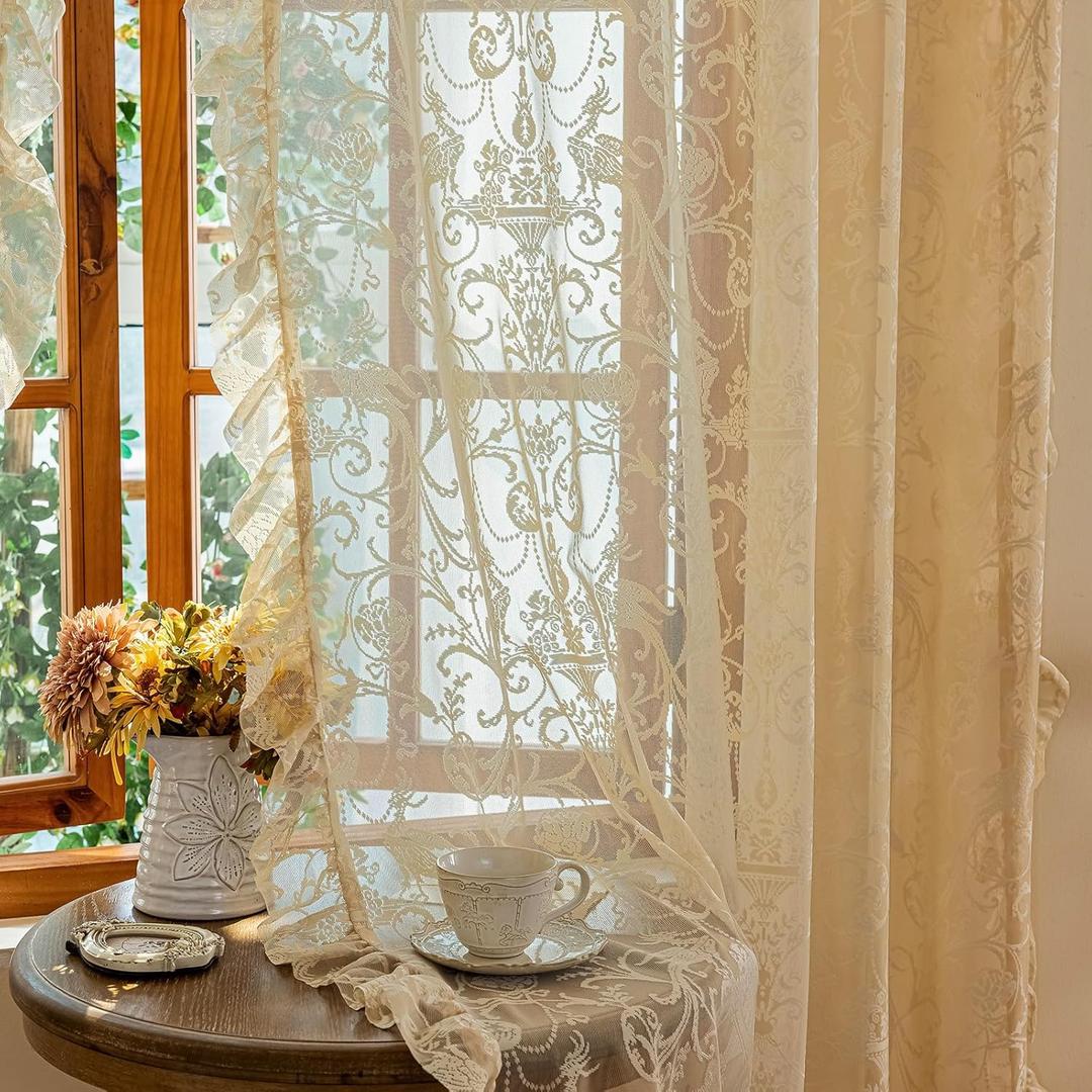 TUDECO Sheer Beige Curtains 72 Inch Length 2 Panels - French Country Vintage Lace Curtains with Flower Bird Pattern and Ruffle Edges, Rod Pocket Privacy Drapes for Dining Room Doorway, 59 x 72 Inch
