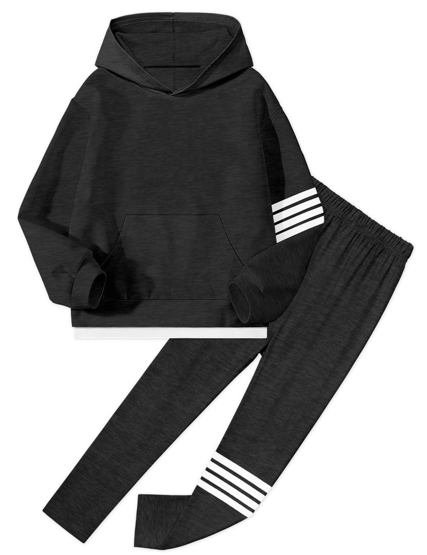 NECIOUS Girls Fall Outfits Kids Girls Clothes Size 7 8 Two Piece Fashion Contrast Stripes Grey Hoodie Tops Leggings Pants Winter Clothing Sets (Black)