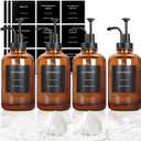 Coffee Syrup Dispenser, Set of 4 Amber Glass Syrup Bottle w. Pump and Labels, 16.9 oz 500ml Glass Syrup Bottle with Pump, Farmhouse Syrup Dispenser for Coffee Bar, Ideal Gift