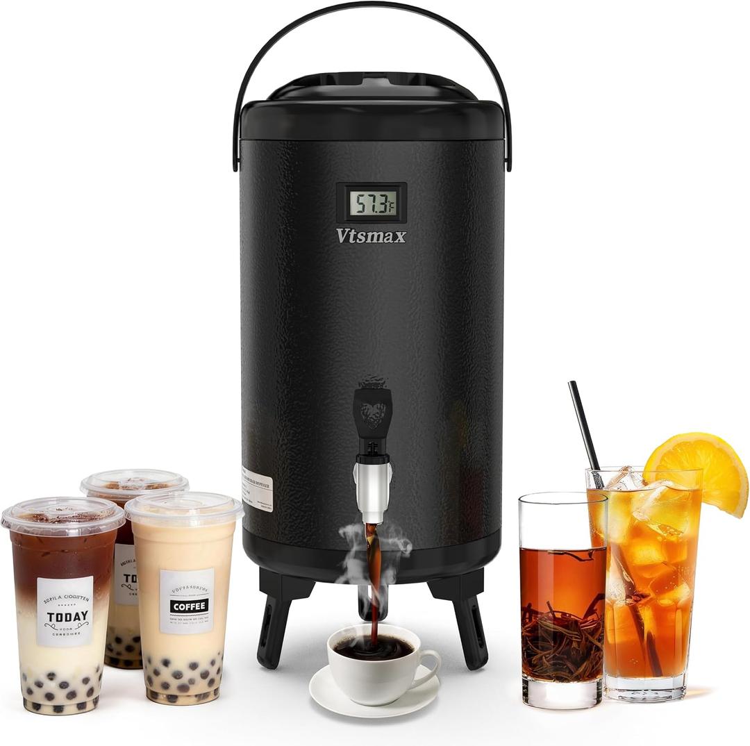 Commercial Insulated Beverage Dispenser with Stand, 2 Gallon Stainless Steel Hot & Cold Drink Dispenser with Temperature Display, Spigot for Tea and Coffee(Black)
