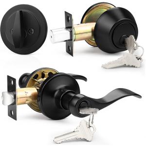 Probrico Front Door Handle and Deadbolt Set, Black Exterior Door Handle with Deadbolt Lock, Wave Reversible Door Lever Lock Set, 1Pack