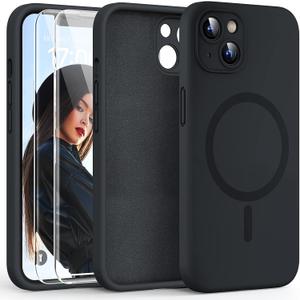 HATOSHI Magnetic for iPhone 13 Case, with 2 Pack Screen Protector [Compatible with Mag-Safe] [Upgraded Full Camera Protection] Liquid Silicone Shockproof Protective Phone Case, Black