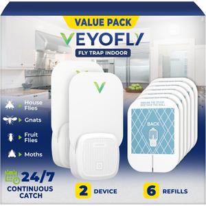 VEYOFLY Fly Trap Indoor, Fruit Fly Traps for Indoors Flying Insect (2 Device + 6 Refills) Gnat Traps for House Indoor, Bug Zapper Indoor, Gnat Killer Catcher & Fruit Fly Killer Light Plug in (White)