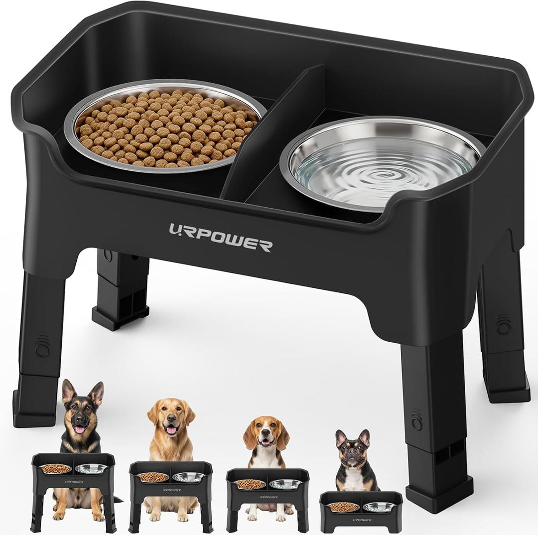 URPOWER Mess Proof Elevated Dog Bowls, High Wall Splash Guard Design, 4 Height Adjustable Raised Bowl Stand, 2 Stainless Steel Bowls, Non-Slip Food Water, Black, Large