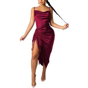 Women's Spaghetti Strap Satin Dress Sexy Backless Drawstring Ruched Split Hem Cocktail Evening Party Wine M