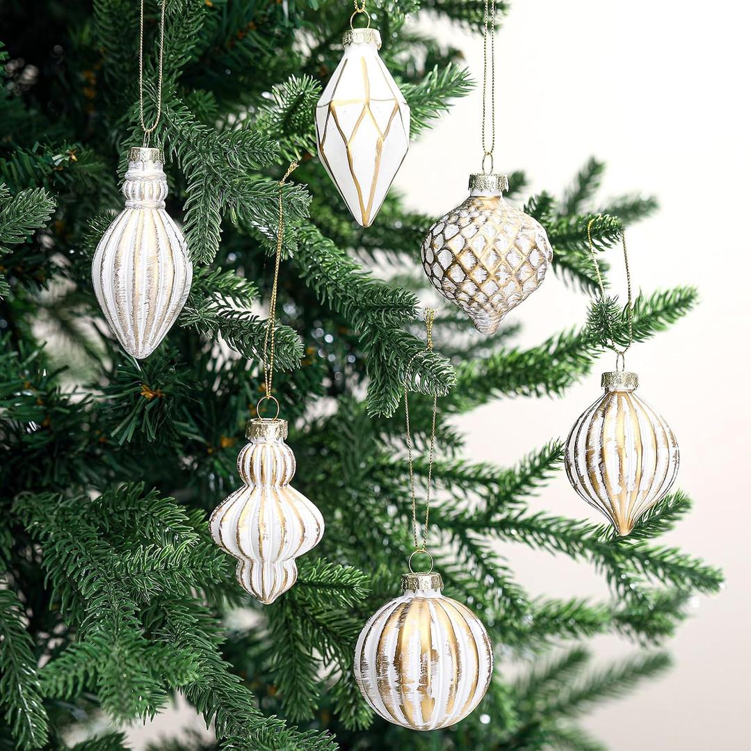 6 Pcs 2.36" Christmas Mercury Glass Ornament for Tree Vintage Finial Glass Christmas Decorations Set Retro Stone Gold Finish Hanging Ornament Kit for Xmas Indoor Farmhouse Tree Decor