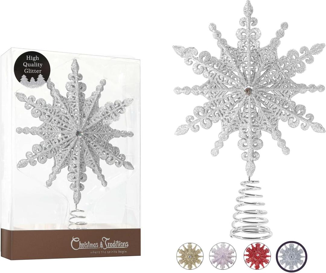 Christmas Traditions 8 inch Silver Glittered Filigree Christmas Star Tree Topper Star/Home Dcor Ornaments (Silver)