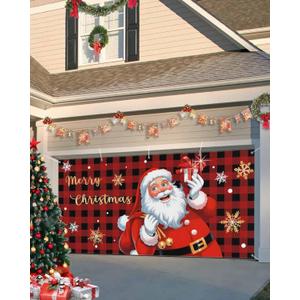 Christmas Garage Door Banner Cover 7 x 16 ft, Christmas Santa Black and Red Buffalo Plaid Christmas Garage Door Decorations Holiday Christmas Backdrop Decor for Winter New Year Xmas Party