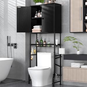 Over The Toilet Storage Cabinet - 2-Door Design Bathroom Organizers Shelf, Freestanding Space-Saver Above Toilet Storage Cabinet with Privacy Protection Rack, Water-Resistant Toilet Shelves (Black), Large
