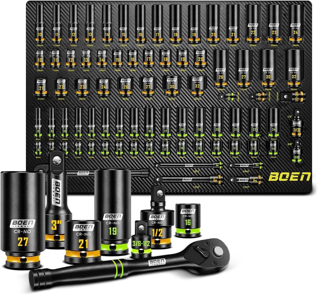 BOEN Pro 80-Pieces 1/2" & 3/8" Drive Master Impact Socket Set, 6 Point Metric Deep & Shallow Sockets (8-32mm), Cr-Mo, Includes 1/2" Drive 90-Tooth Handle Wrench for High-Torque Applications