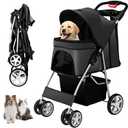 Unisakey 4 Wheels Pet Stroller for Small Medium Dogs Cats 10-33 lbs, Foldable Dog and Cat Stroller with Cup Holder & Storage Basket & Breathable Mesh, Pet Strolling Cart for All-Season, Black