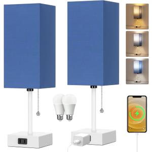 Table Lamp for Bedroom set of 2,3-Color Bedside Lamps with Pull Chain Table Lamps for Nightstand with AC Outlets,Small Night Light Lamps with 2 Bulbs Lamps for Living Room Kids Room Office DecorBlue (15inch)