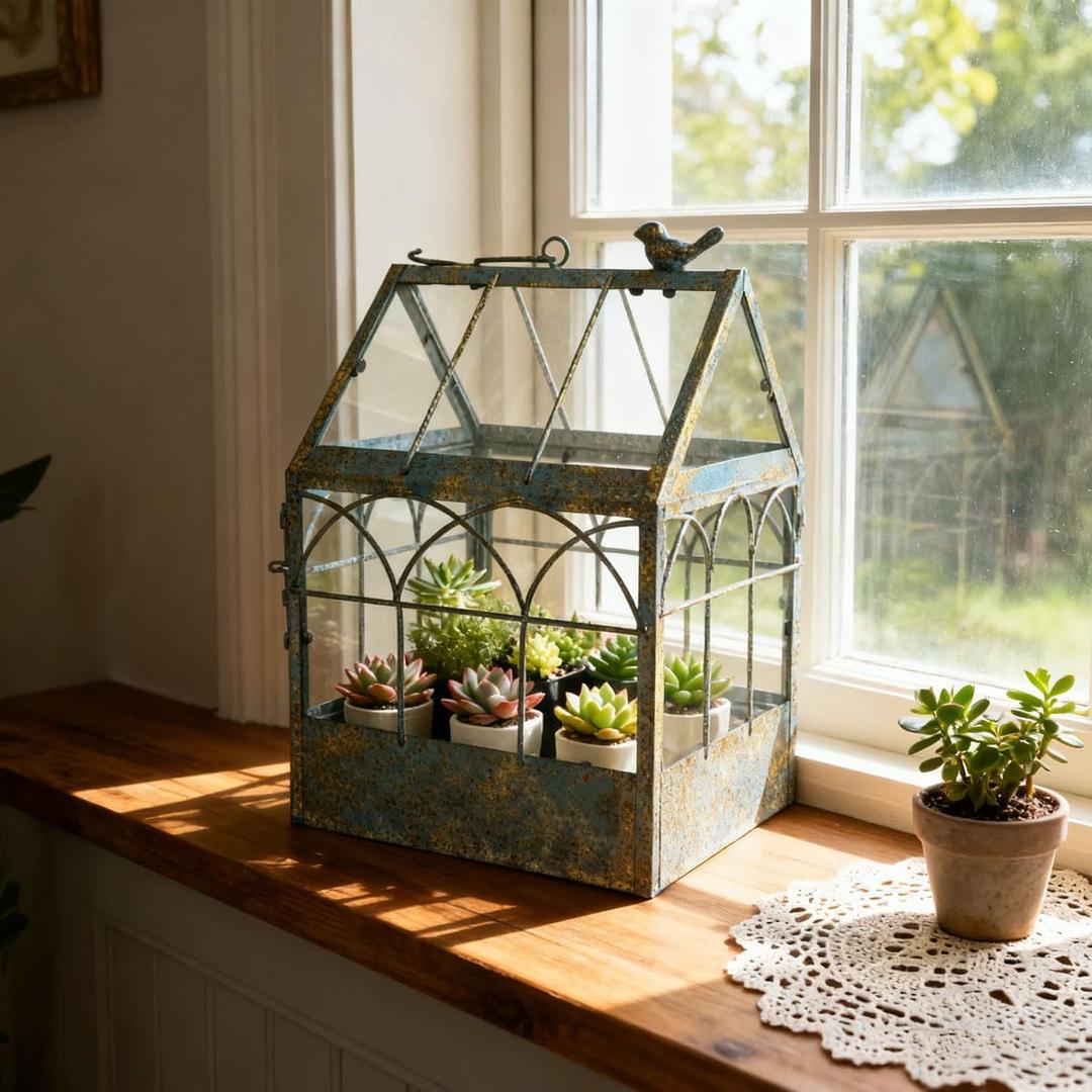 Vintage Glass Terrarium Greenhouse Large House Shape Plant Display Box Planter Container for Fern Moss Cacti Succulents Mordern Tabletop Decor Gardern DIY Kit Gift