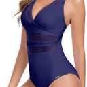 RELLECIGA Womens Mesh One Piece Swimsuit V Neck Tummy Control Bathing Suit Slimming Swimwear (Blue, L)