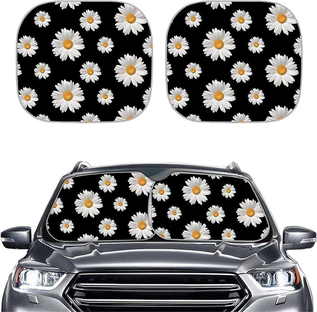 Babrukda Windshield Sun Shade Foldable 2pcs Car Front Window Sunshade Blocks UV Rays Portable Sun Visor Elegant White Daisy Design Car Interior Accessiores Universal