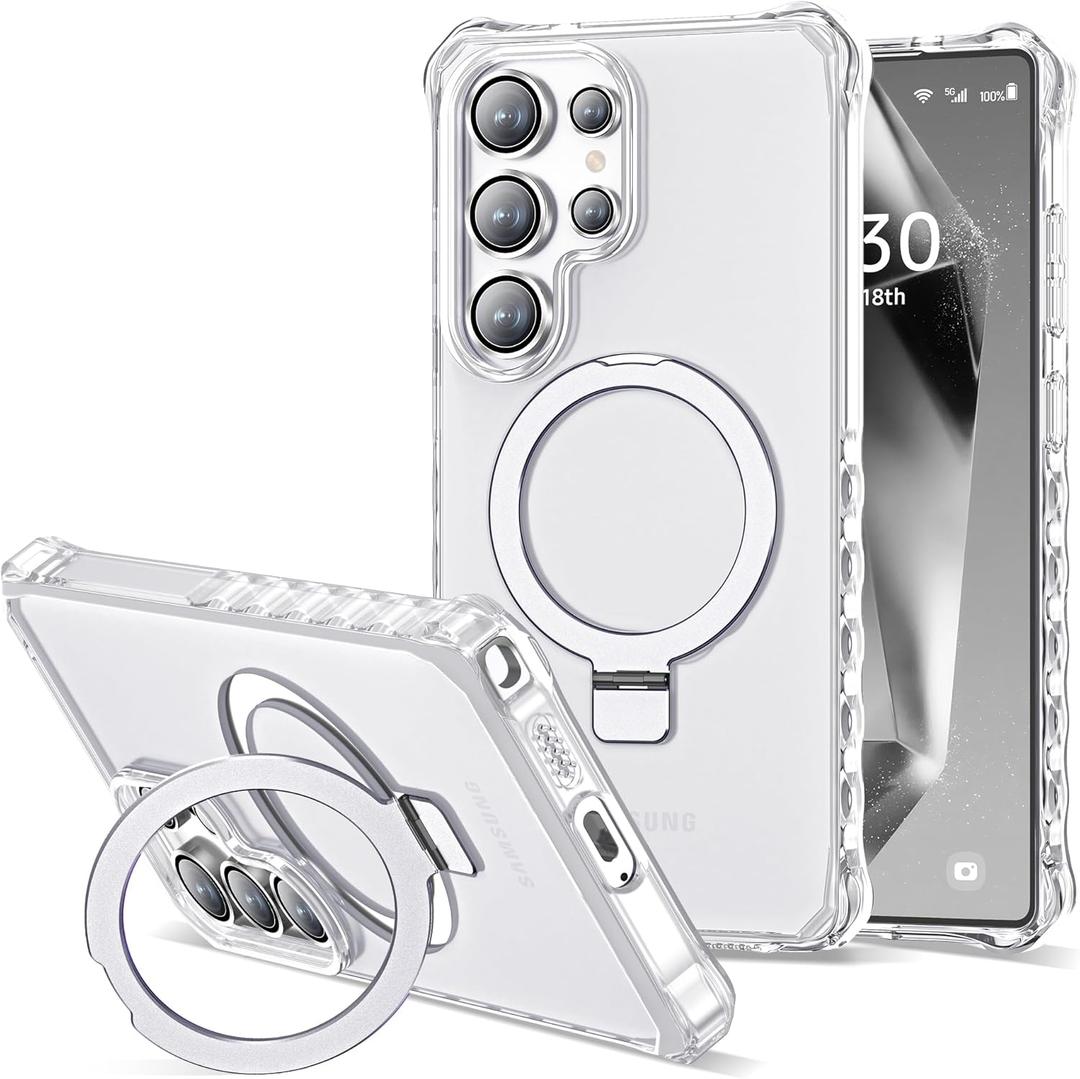 Compatible with Samsung Galaxy S25 Ultra Case 6.9'' Cute Wavy Frame with Magnetic Stand [Compatible with Mag-Safe] Military-Grade Translucent Phone Case for Women Girl, Translucent