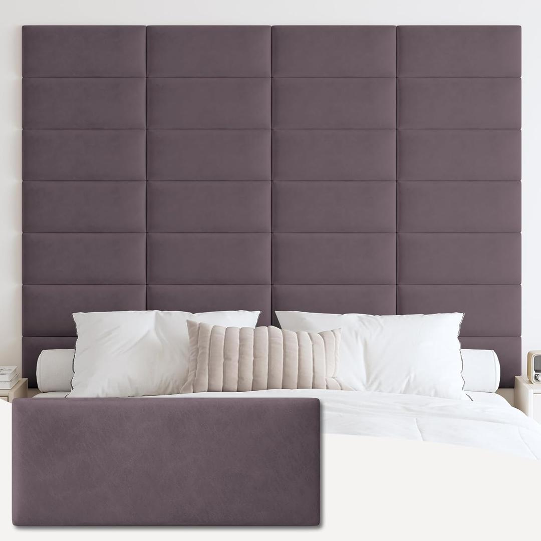 IFNOW Wall Mounted Upholstered Headboard King, 3D Peel and Stick Soundproof Panels, Reusable and Removable Padded Leather Bed Headboard, 12 Panels 9.84" x 23.62",  Leather-dark Purple