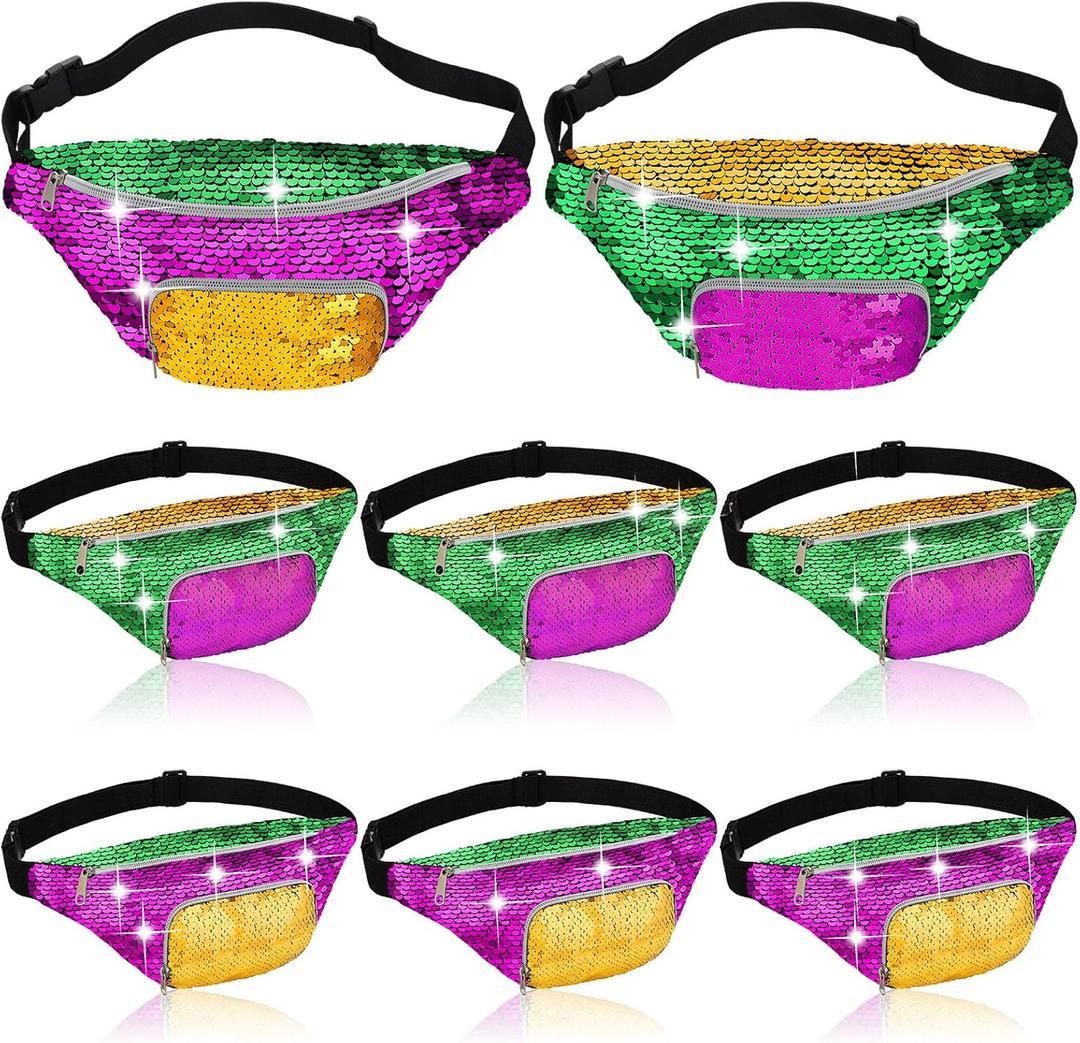 Abbylike 8 Pcs Mardi Gras Sequin Fanny Packs for Adult Adjustable Mardi Gras Purse for Carnival Party Outfit Accessories