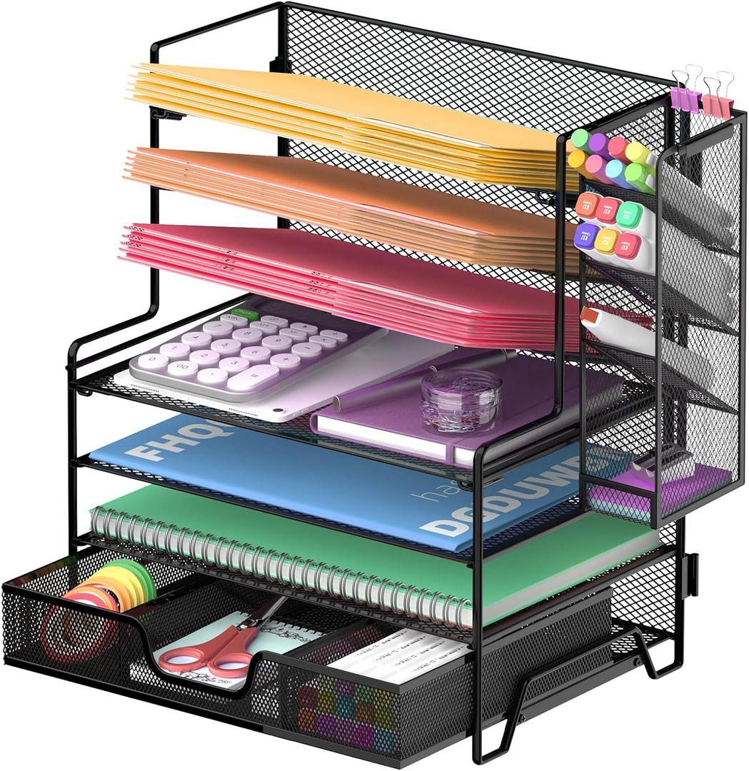 4 Tier Desk Organizer + 3 Tier File Holder + 4 Pen Holders + Drawer, 7 Tier Desk File Organizers, Desk Organizers and Accessories for Office Home School, Black