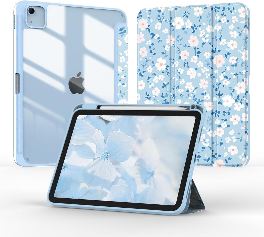 Case for iPad Air 11 Inch M4/M3/M2 2026/2025/2024, iPad Air 5th/4th Generation 10.9" 2022/2020, Tri-Fold Folio Auto Wake/Sleep Cover with Clear Back/Pencil Holder (Floral Blue)