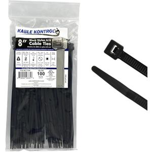 Kable Kontrol Cable Zip Ties 100 Pcs 8 Inch Black, 50 Lbs Tensile Strength, Self-locking UV Resistant Plastic Nylon Wire Ties, for Indoor or Outdoor Use Black