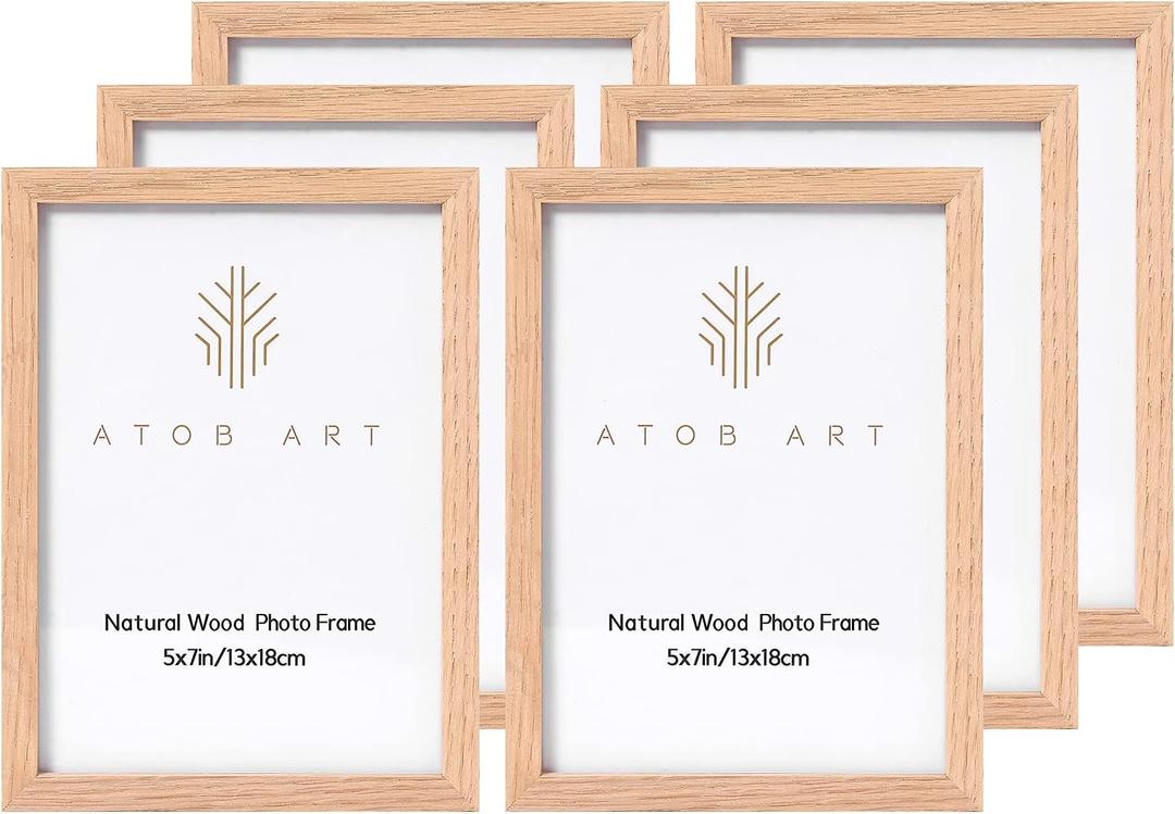 ATOBART 5x7 Oak Wood Picture Frames, 6 Pack Natural Wood Color Photo Frame with High Definition Glass for Wall Mount or Table Top Display