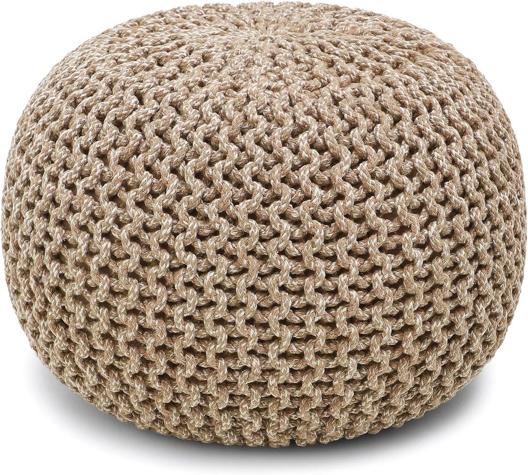 REDEARTH Round Pouf Ottoman - Hand Knitted Cable Boho Poof Home Dcor Pouffe Circular Footrest for Living Room - Nursery - Bedroom - Lounge 100% Cotton (18x18x14) - Beige Ivory