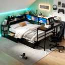 Bellemave Full Corner Bed Frame with Desk and Storage, Full Captains Bed with Charging Station and LED Light, Wood Daybeds with L-Shaped Bookcase and 2 Drawers, Black