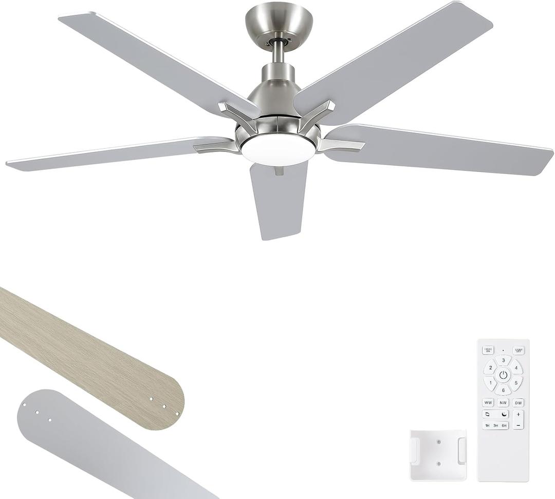 52 Inch Ceiling Fans with Lights and Remote, Brushed Nickel Modern Ceiling Fan for Bedroom, Living Room, Dining room, Patio, 3CCT Dimmable 6 Speeds DC Quiet Reversible