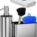 NEKEET All-in-One Kitchen Soap Dispenser Set with Sponge Holder  Stainless Steel Dish Soap Dispenser for Kitchen Sink Organizer with Silicone Sponge, Brush, Towel & Adhesive Hook