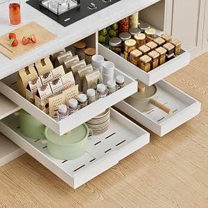 PAKETA 4 Pack Expandable Pull Out Cabinet Organizer, 21'' Deep Pull Out Drawers for Cabinet, Upgrade 3 Slide Rails Sliding Drawers for Cabinets with Adhesive Nano Film (White, 21"D X 9-14"W)