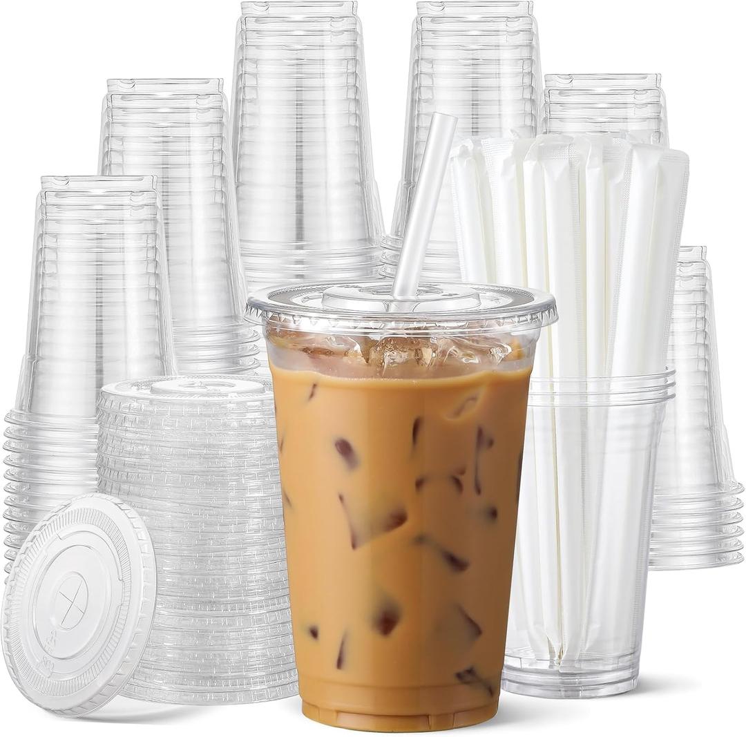 AOZITA 100 Pack 20 oz Disposable Plastic Cups with Lids and Straws, Clear Iced Coffee Cups for Cold Beverages, Smoothies, Iced Coffee, Leak-Proof, BPA-Free