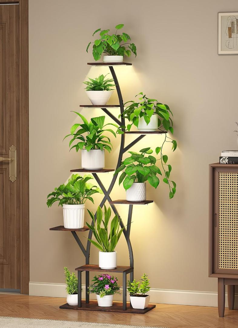 Plant Stand Indoor with Grow Lights 65" Tall Plant Shelf Corner Lighted Plant Stands for Indoor Growing Multiple Metal 8 Tiered Large S-Shape Display Shelves Plant Rack for Home Decor Patio Balcony