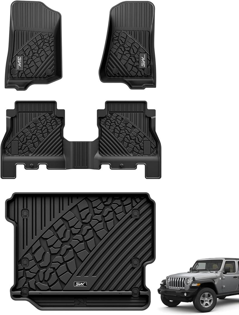 3W Floor Mats&Cargo Liner Fit for Jeep Wrangler JL 2018-2025 2026 Unlimited 4-Door Sahara Willys Rubicon Without Subwoofer (Non JK or 4XE) All-Weather TPE Floor Liner and Trunk Full Set Car Mats